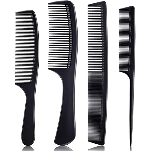 Set of four black carbon fiber hair combs including a tail comb and wide-tooth comb
