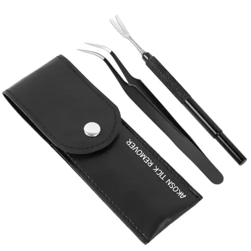 AKOSN Tick Removal Tool Set with puller and tweezers in a black leather pouch.