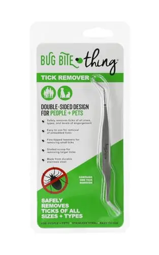 BUG BITE THING two-sided stainless steel tick remover tool with fine tip and slotted scoop.
