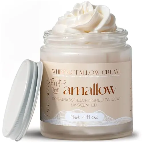 Amallow Grass Fed Beef Tallow moisturizer in whipped texture for face and body