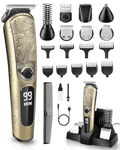 Ufree gold beard trimmer with charging stand and multiple attachment heads