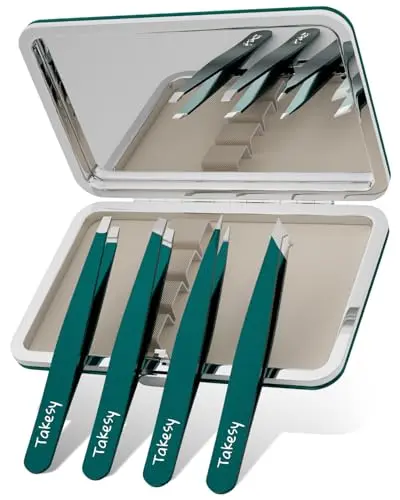 Takesy precision tweezers with green handle and leather mirror case open