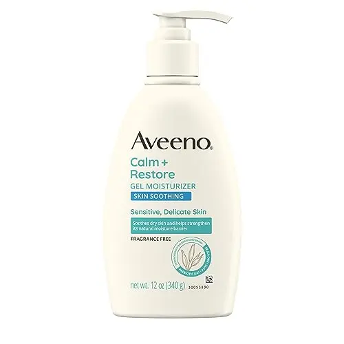 Aveeno Calm + Restore Body Moisturizer Gel in a large, white and purple pump bottle