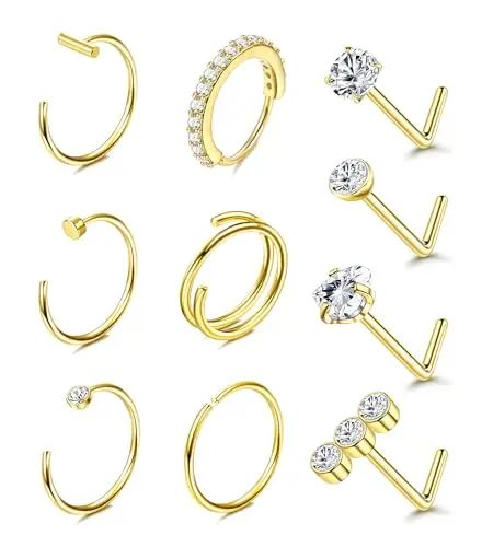 Set of ten gold plated nose rings with heart and round cubic zirconia