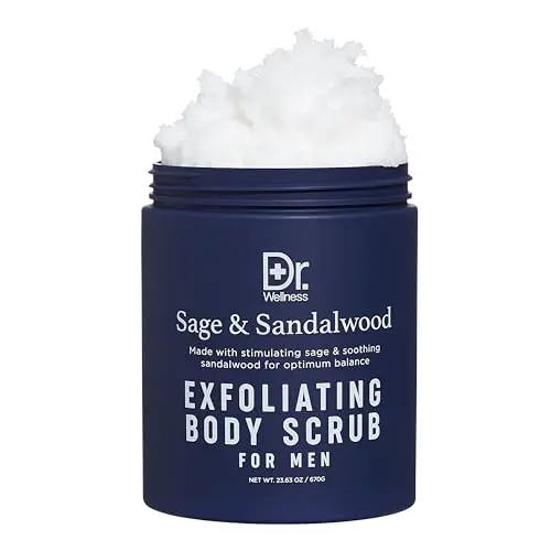 Dr. Wellness Body Scrub for Men in a large blue twist-top jar