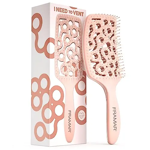 FRAMAR Champagne colored vented curved paddle hair brush on a white background