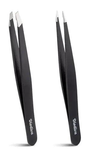 Diodiva two-pack of black tweezers, one slant tip and one point tip, in a case.