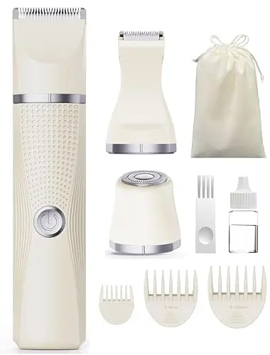Unibono cream-colored 3-in-1 electric razor kit with multiple detachable heads laid out