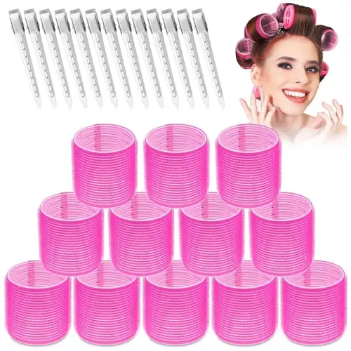 SELIZO jumbo hair rollers set with clips in hot pink