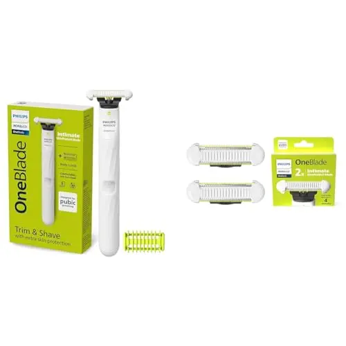 Philips Norelco OneBlade Intimate groomer with replacement blades on a charging dock