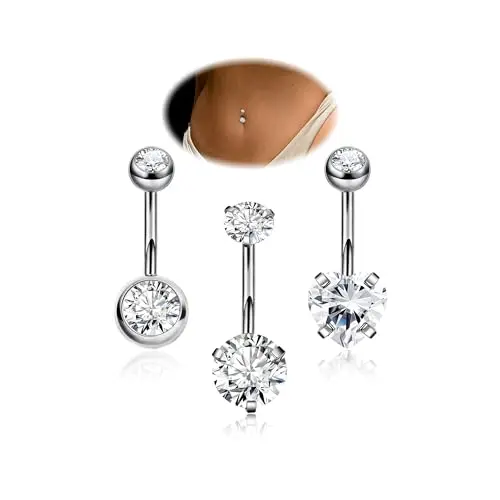 REVOLIA F136 titanium belly button rings with heart-shaped cubic zirconia stones