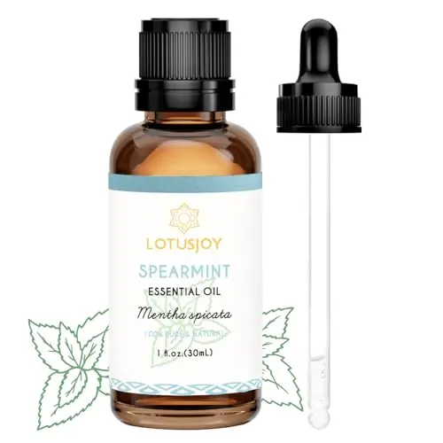 LOTUSJOY Spearmint Essential Oil in a small amber bottle with a glass dropper