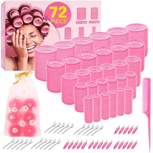 YHOVID 72-piece hair roller set with five sizes, clips, and a storage bag