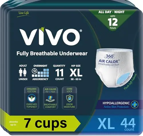 VIVO Organic Cotton Sensitive Skin Overnight Adult Incontinence Pullup Underwear