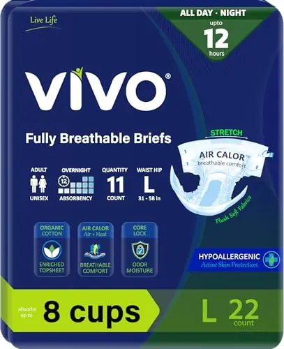 VIVO Organic Cotton Overnight Adult Incontinence Diaper Briefs with tabs