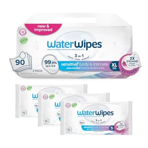 WaterWipes Sensitive+ Body & Intimate Wipes package and individual wipe