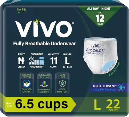 VIVO Organic Cotton Sensitive Skin Overnight Adult Incontinence Underwear