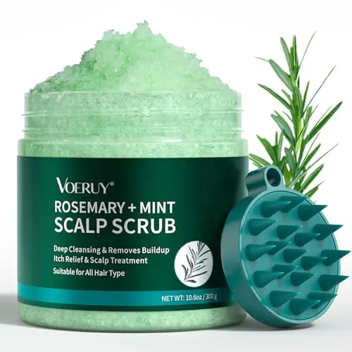 VOERUY Rosemary Scalp Scrub jar with silicone scalp massager