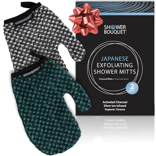 Japanese Exfoliating Mitt with charcoal and silver ions in white and green