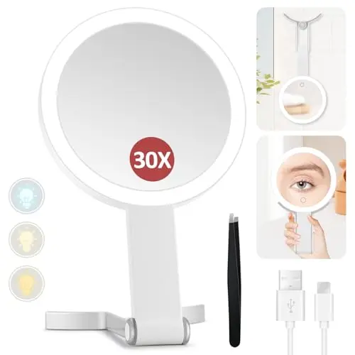MIYADIVA handheld 30X lighted magnifying mirror with hanging hook