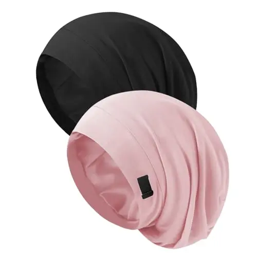 Black and pink satin lined sleep cap beanie with adjustable buckle