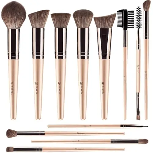 BEAKEY 12 piece vegan makeup brush set with gold handles