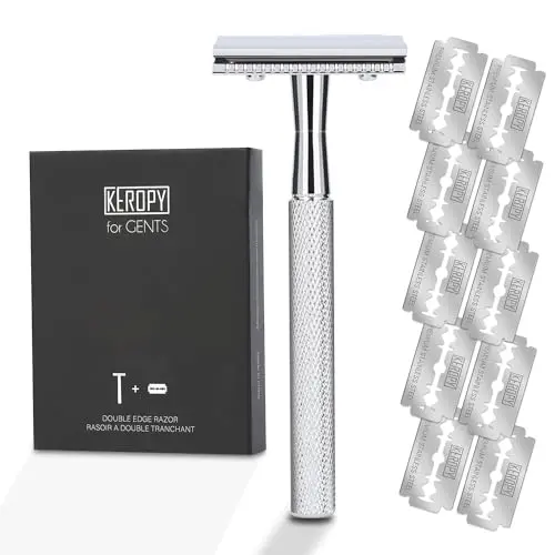 Keropy glossy silver double edge safety razor with 10 blades