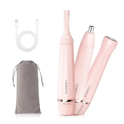 HEBECA pink 3-in-1 electric nose hair, eyebrow, and facial hair trimmer with travel pouch