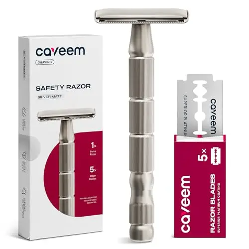 CAVEEM silver matte safety razor with stainless steel blades