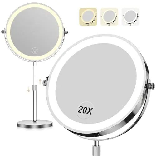 DIENMERN 20X Lighted Makeup Mirror with adjustable stand and phone holder