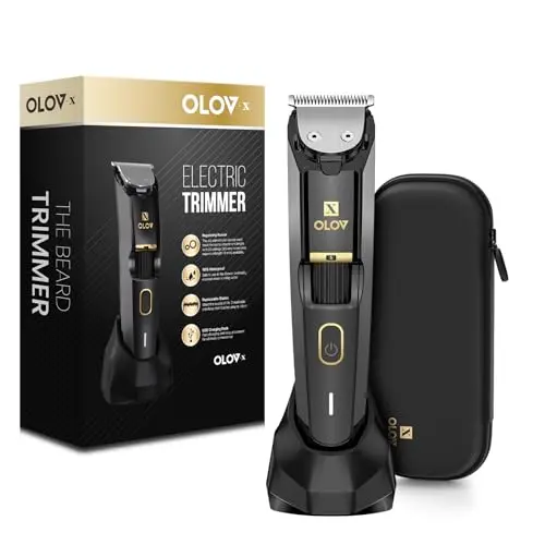 OLOV X black beard trimmer with precision dial on charging dock