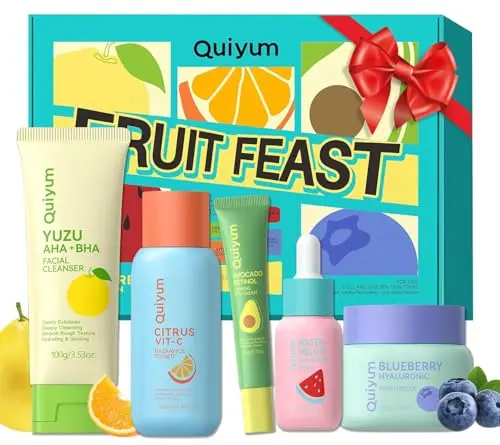 Fruit Skin Care for Teens set with watermelon serum, citrus toner, yuzu cleanser, avocado eye cream, and blueberry moisturizer