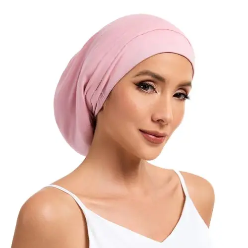 Pink mulberry silk lined sleep cap with adjustable tab
