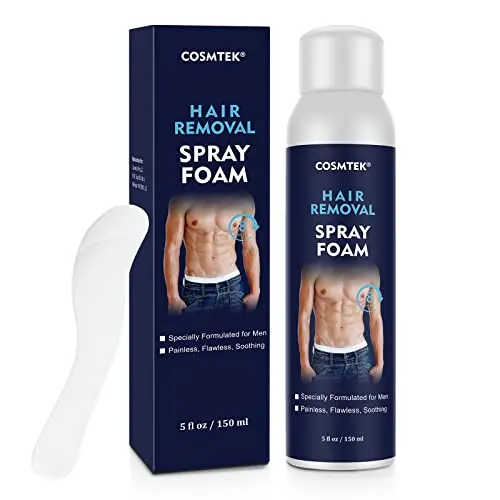 COSMTEK Hair Removal Spray Foam can for men on a bathroom shelf