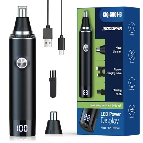 Ginity black nose hair trimmer with LED battery display and two interchangeable heads