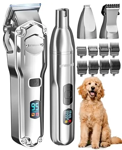 ONEISALL 4-in-1 dog grooming kit with clippers, trimmer, and accessories on a table.