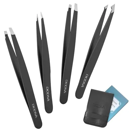 Diodiva 4-pack professional stainless steel tweezers set in a black case.