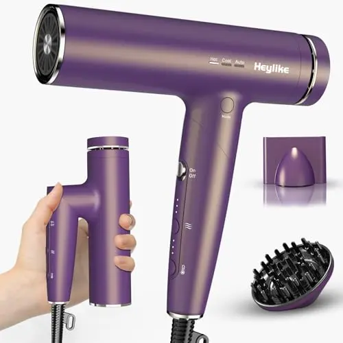 Heylike Purple Plasma Ion Hair Dryer in folded position with bag