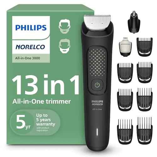 Philips Norelco All-in-One 3000 Series black trimmer with multiple attachments