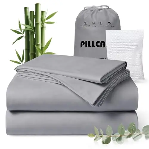 Pillcase Luxury Tencel and Bamboo Sheet Set in Gray, showing a luxurious satin sheen.