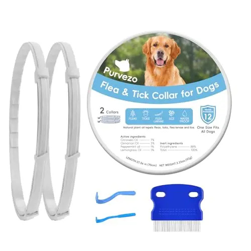 Purvezo natural plant-based flea and tick collar for dogs, shown with included flea comb and tick removal tool.