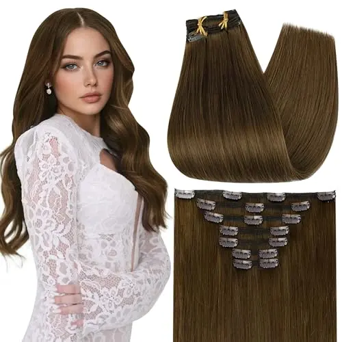 Full Shine light brown real human hair clip-in extensions