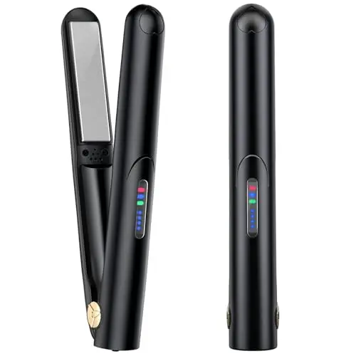 Sglyq mini cordless USB-rechargeable hair straightener and curler in black.